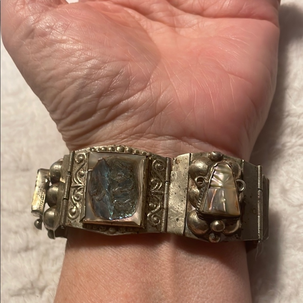 Ornate Silver Stamped Bracelet Intricate Abalone Panels Beaded Vintage